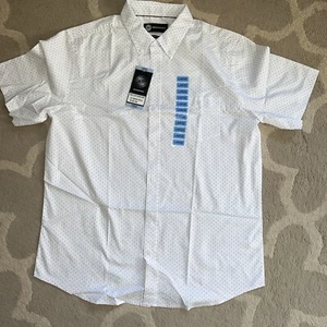 Weatherproof Short Sleeve Woven Shirt Comfort Stretch Mens Large, White W/Blue - Picture 1 of 3