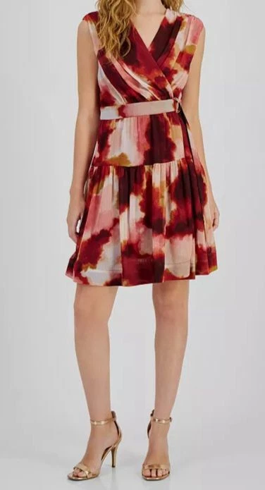 Taylor Women's Red Printed Chiffon Belted Dress Size 12