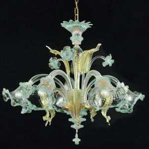Ca' venier lustre en verre de Murano 5 lumières cristal or bleu clair - Foto 1 di 1