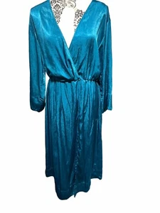 ZARA Women’s 2XL Teal Green 3/4 Sleeve Satin Deep V-Neck MIDI Dress NWT - Picture 1 of 13