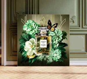 XL LEINWAND BILD 100x100x5cm COCO CHANEL PARFUM WANDBILD BLUMEN BLÜTEN GRÜN-TÖNE - Bild 1 von 2
