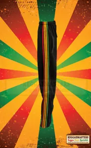 BLACK TRACKSUIT BOTTOMS WITH RASTA COLOURS RED YELLOW GREEN DOWN BOTH LEGS ROOTS - Picture 1 of 1