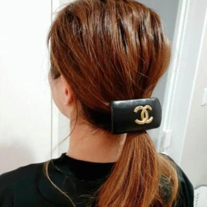 CHANEL COCO Mark Leather Barrette Hair Clip 4.8 x 9.5cm Black Gold Authentic - Picture 1 of 9