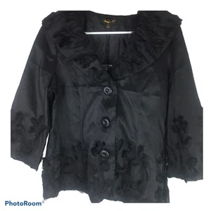 Jerry T black jacket coat ruffle womens L floral embelished black button NEW 3/4 - Picture 1 of 10