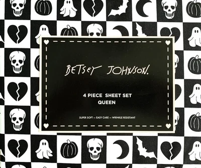 Novo com etiquetas Betsey Johnson Queen conjunto de lençóis 4 peças Scull Ghost taco de Halloween preto e branco - Imagem 1 de 4