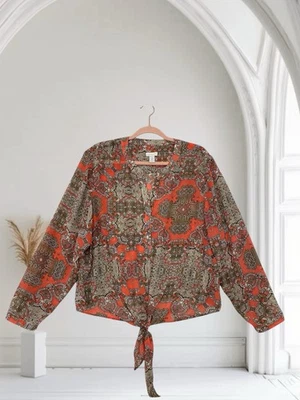 Top Chico’s Mujer’s Multi Estampado Manga Larga Dobladillo Corbata Talla XL 3 Otoño Boho Chic Foto 1 de 4