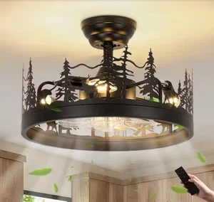 JUSHENG 17.71 in. Metal Black Rustic Ceiling Fan w/ Light & Remote - Picture 1 of 5