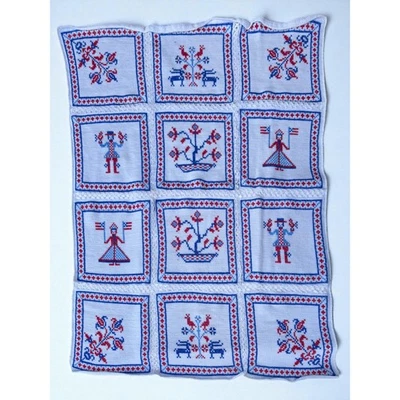 Vintage Handmade Crocheted Cross Stitch Afghan Scandinavian Folk Art 84”x60” - Image 1 of 4