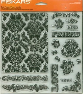 FISKARS clear stamp set BOLD FLOWERS Friend, Love, Background, Borders - Picture 1 of 2