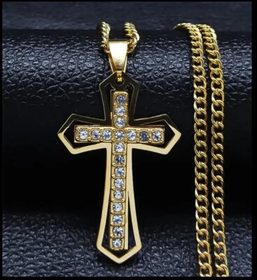 Luxus Halskette mit Kreuz Anhänger Edelstahl 50 cm Gold Zirkonia  NEU! - Bild 1 von 4