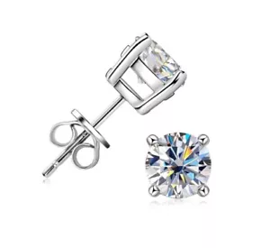 Round Cubic Zirconia CZ Sterling Silver Color Stud Earrings Claw Setting Pair - Picture 1 of 3