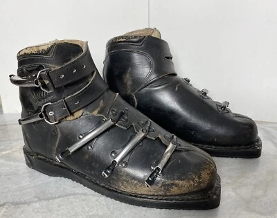 Raichle 瑞士皮革扣滑雪靴黑色 9.5 码窄 60 年代复古-FS! — 第 1/4 张图片