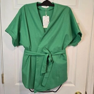 Commense Short Sleeve Linen Blend Tie-Waist Wrap Top Size Small Kelly Green NWT - Picture 1 of 7
