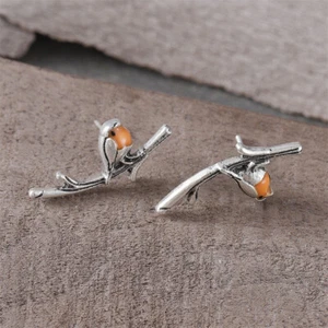 Costume Silver Enamel Small Pretty Robin Bird Stud Earrings for Pierced Ears UK - Picture 1 of 7