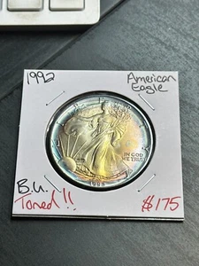 1992 AMERICAN SILVER EAGLE GEM BU MONSTER COLORFUL TONING TONED COIN (Raw9109) - Picture 1 of 12