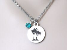 Palm Tree Necklace with Birthstone, Palm Tree Jewelry Beach Summer Palm Trees