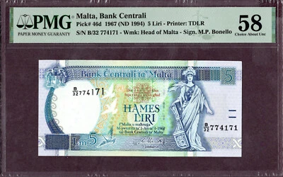 MALTA 5 LIRI 1967 Zustand II  aUNC qFDS  S/N B32/774171 (Bonello) P. 46d  58 EPQ - Bild 1 von 2