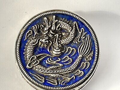 An Antique/Vintage Silver And Enamel Chinese Dragon Pill Box, 33mm Diameter • 3£
