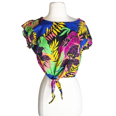 Vintage 80s Tropical Hawaiian Crop Top Blouse Hibiscus Monstera Colorful Vibes - Image 1 of 4