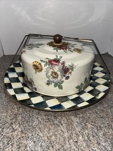 Mackenzie Childs Enamel Floral Market Courtly Check Dome Cake Platter & Carrier - Picture 1 of 22