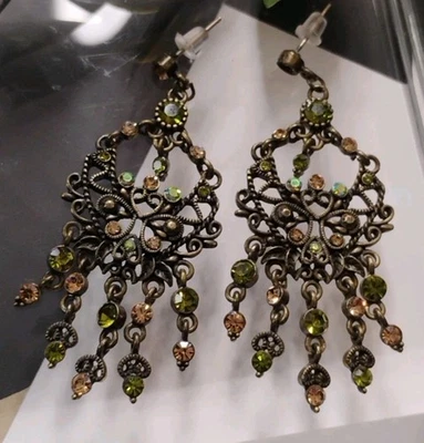 Natural Tones (Green/Brown) Ornate Chandelier 2.5" Beaded Dangle Earrings! - Image 1 of 4