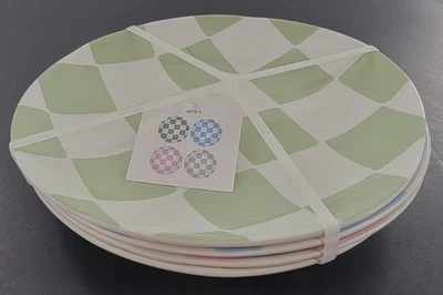 Set of 4 Melamine 9” Salad Dinner Plates - 4 Different Color Checkered Patterns - Image 1 of 4