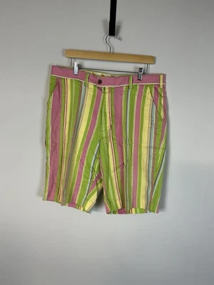 Loudmouth Golf Shorts Vibrant Bright Pastel Striped Cotton Pink Green Yellow 36 - Image 1 of 4