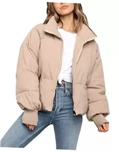 Women’s Winter Cropped Puffer Jacket Coat Short Warm Quilted Medium Khaki - Picture 1 of 7