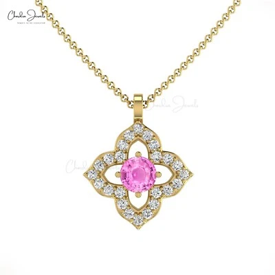 Colgante con dije de boda de diamantes y zafiro rosa de 3 mm estilo floral en colgante de oro de 14 k Foto 1 de 4