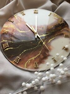 Resin Wall Clock for Home Decor Brown and Golden Abstract modern design 