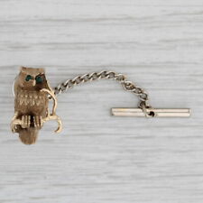 Vintage Perched Owl Tie Tac Pin 14k Yellow Gold Green Glass Eyes