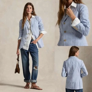 Seersucker Women Blue Striped Suit Single Breasted Jacket Notch Lapel Business - Picture 1 of 10