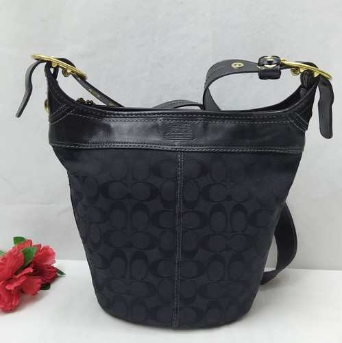 Borsa a tracolla Coach Bleecker Signature nera tela bordo pelle secchiello