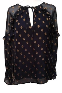 Lark & Ro Women's Chiffon Blouse Size 4 Navy Gold Argyle Dressy Tie V-Neck EUC - Picture 1 of 19