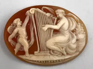 Antique Victorian Large Shell Cameo Carving Lyre Harp Player & Putto C1890 - Picture 1 of 12