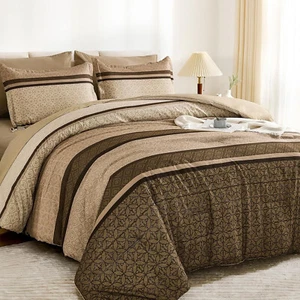WONGS 7-Pcs Boho Comforter Set - Striped Microfiber Bed in a Bag For All Season - Picture 1 of 68