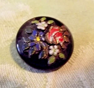 Vintage Faux Fabric Black Glass Button - Multi-Color Flowers (3604) - Picture 1 of 5