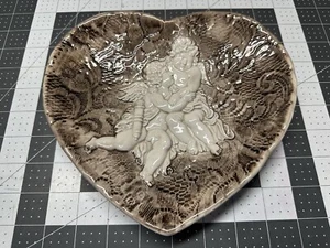Heart Shaped Ceramic Brown White 3D Plate With Angel Cherubs Embossed Lace Italy - Picture 1 of 12