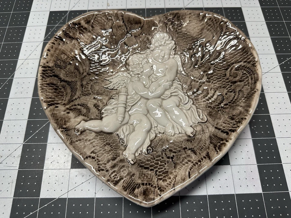Heart Shaped Ceramic Brown White 3D Plate With Angel Cherubs Embossed Lace Italy - Image 1 of 4