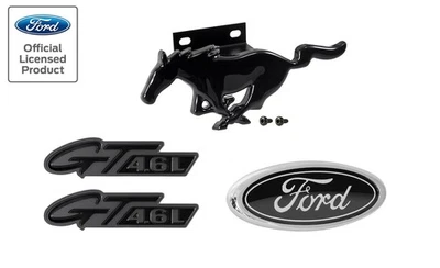 1996-1998 Mustang GT 4.6L Gloss Black 4pc Grille, Fender, and Trunk Emblem Set - Image 1 of 4