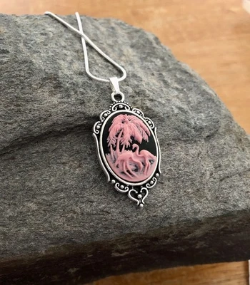 Collar Colgante Rosa Flamenco Pájaros Camafeo Rosa/Negro Cadena Plata de Ley 925 Foto 1 de 4