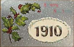 New Year Silver Icicles Holly Berries Antique Embossed Postcard 1910 - Picture 1 of 5