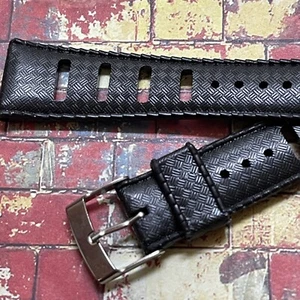 Correa de reloj de buceo vintage ranurada de 20 mm de goma negra stock antiguo de los años 60 acabado gofre - Imagen 1 de 9