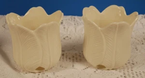 EUC PARTYLITE CERAMIC CREAM LOTUS SET OF 2 CANDLE HOLDERS, NO CHIPS OR CRACKS - Picture 1 of 4