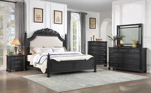Traditional 6Pc King Size Upholstered Panel Bed Set Furniture Dark Brown Finish - Picture 1 of 10
