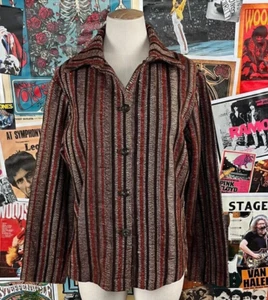 Vtg 60s-70s Brown Red Striped Wool V-Neck Shirt Jacket Shacket Women Petite SM - Picture 1 of 9