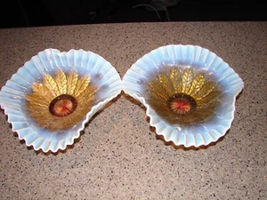 (2) Antique Northwood Glass Gold Feathered Opalescent Ruffled Bowls Nice Colors! - Picture 1 of 11