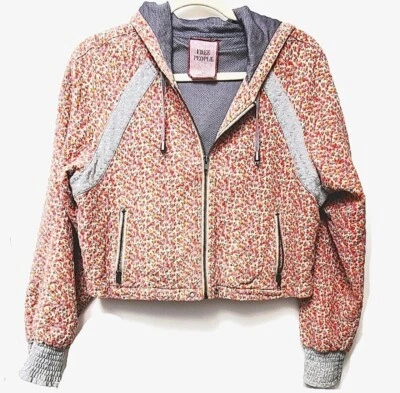 Chaqueta con Capucha FREE PEOPLE Floral Boho Ligera Rosa Gris Cremallera Recortada S Foto 1 de 4