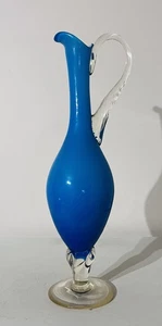 Vintage Italian Empoli Blue Cased Glass Pedestal Pitcher Clear Twist Base Handle - Picture 1 of 6