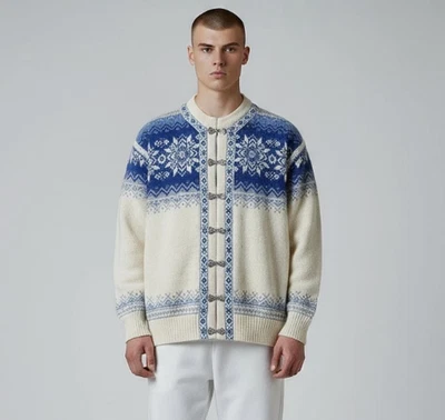 Dale of Norway Mens Cardigan Sweater sz L Fair Isle Wool Metal Clasps Blue White - Image 1 of 4